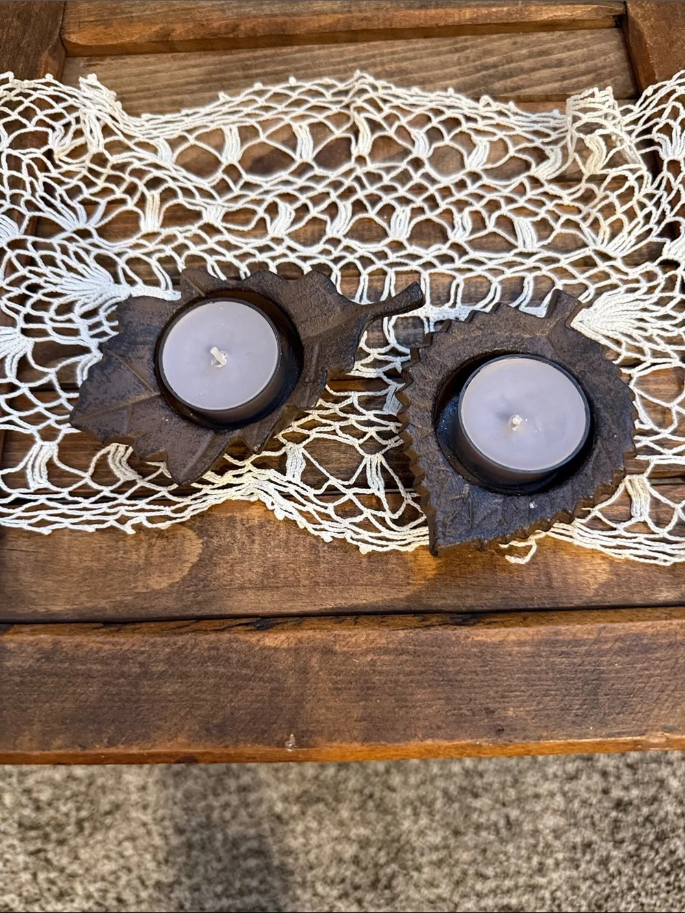 Vintage Rustic Metal Leaf Tealight Candle Holders Set of 2 Farmhouse Decor